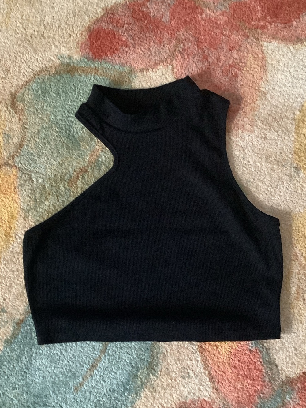 SHEIN Black One-Shoulder High Neck Ribbed Crop Top